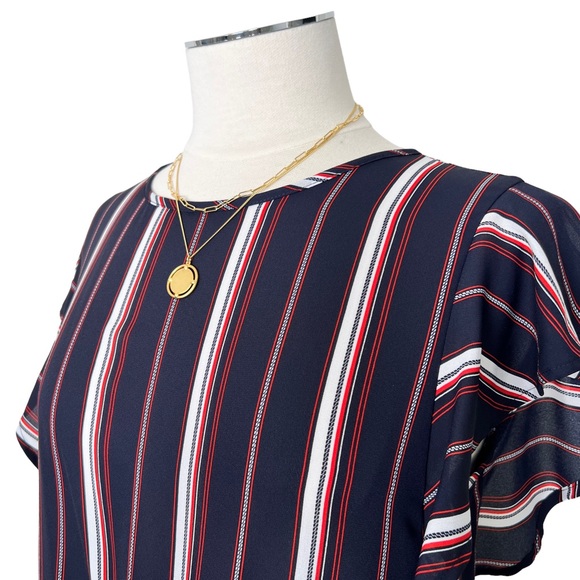 MONTEAU Striped Flutter Sleeve Front Bow Tie Blouse Navy Blue Red White Sz M - Picture 3 of 9